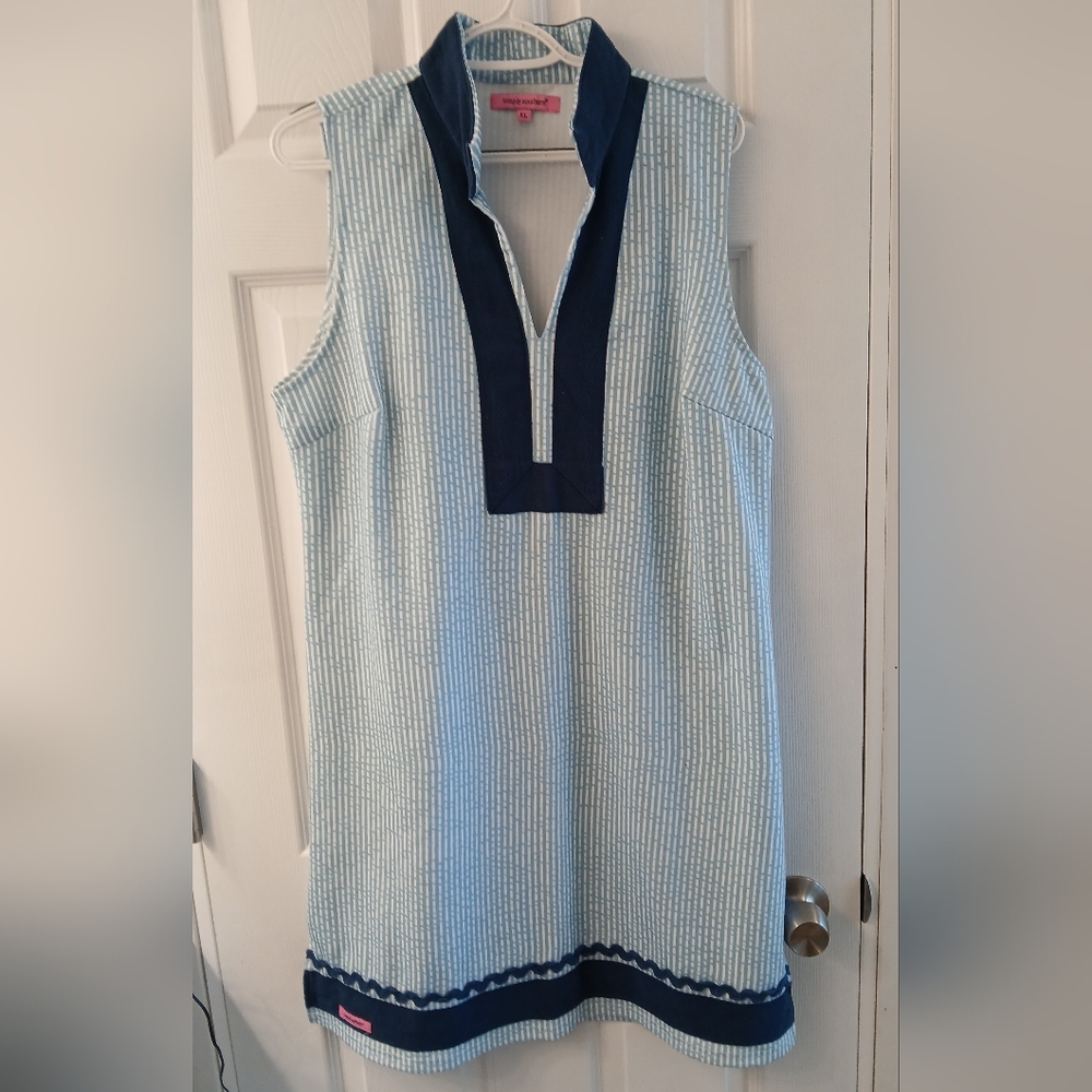 Simply Southern Sleeveless Blue & White Dress Size XL Banded Collar Gently Used